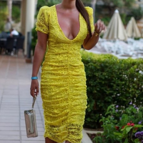 Zara | Yellow Lace Ruched Midi Dress - Picture 9 of 11